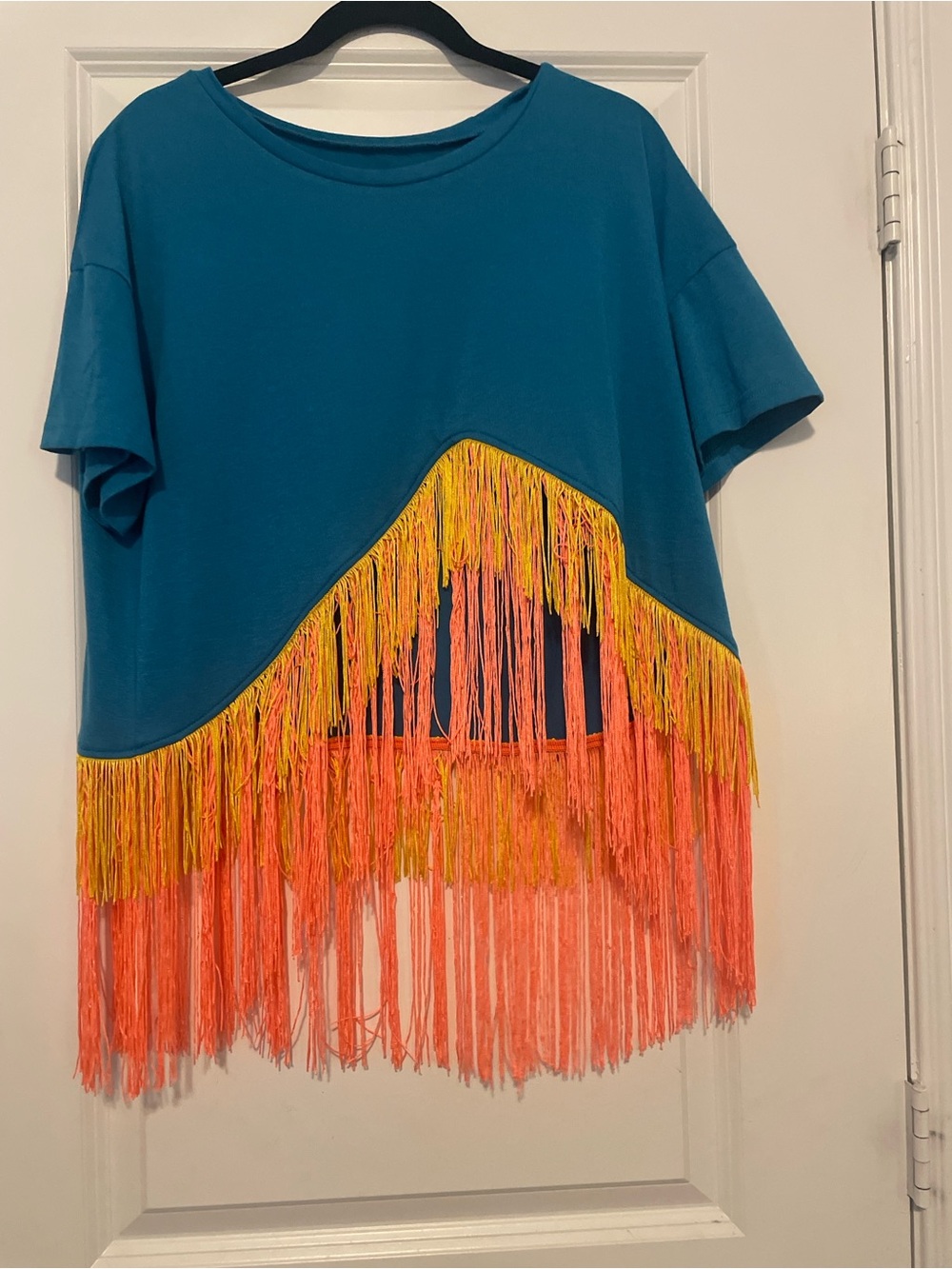 Teal Short Sleeve Fringe Tee with Neon Accent